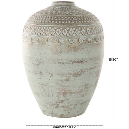 15.25" Green Ceramic Handmade Antique Style Decorative Vase with Geometric Tribal Carvings